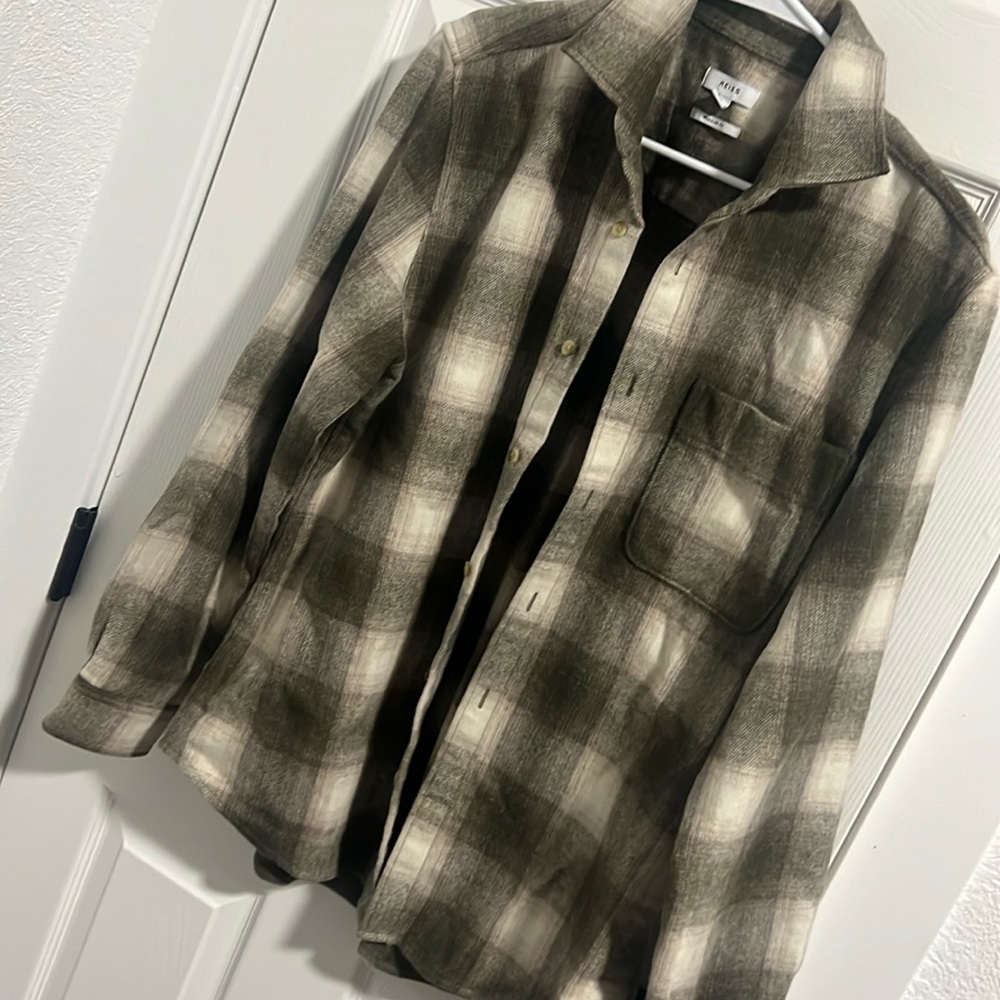 Reiss olive green plaid wool shirt, men’s L can fits like L women oversized
